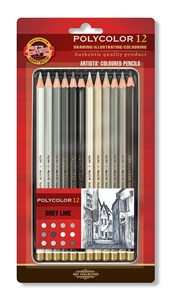 Obrazek Kredki Polycolor odcienie szarości 12 kolorów w metalowej kasetce